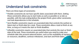 Understand task constraints
There are three types of constraints:
 Flexible constraints do not have specific dates associated with them. Setting
these constraints allows you to start tasks as early as possible or as late as
possible, with the task ending before the project finish, given other constraints
and task dependencies in the schedule.
 Semi-flexible constraints require an associated date that controls the earliest or
latest start or finish date for a task. These constraints allow a task to finish at any
time, as long as it meets the start or finish deadline.
 Inflexible constraints require an associated date that controls the start or finish
date of the task. These constraints are useful when you need to make your
schedule take into account external factors, such as the availability of equipment
or resources, deadlines, contract milestones, and start and finish dates.
 