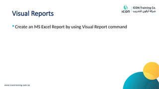 Visual Reports
 Create an MS Excel Report by using Visual Report command
 