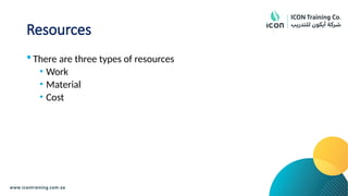 Resources
 There are three types of resources
• Work
• Material
• Cost
 