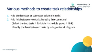 Various methods to create task relationships
1. Add predecessor or successor column in tasks
2. Add link between two tasks by using link command
[Select the two tasksTask tabschedule group link]
Identify the links between tasks by using network diagram
 