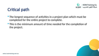 Critical path
 The longest sequence of activities in a project plan which must be
completed for the entire project to complete.
 This is the minimum amount of time needed for the completion of
the project.
 