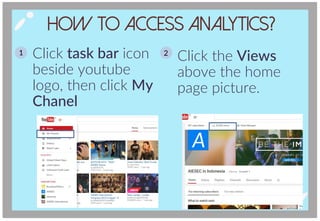 How To Access Analytics?
1 2Click task bar icon
beside youtube
logo, then click My
Chanel
Click the Views
above the home
page picture.
 