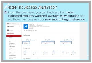 3
How To Access Analytics?
From the overview, you can find result of views,
estimated minutes watched, average view duration and
set those numbers as your next month target reference.
 