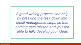 Alexander College
A good writing process can help
by breaking the task down into
small manageable steps so that
nothing gets missed and you are
able to fully develop your ideas
 