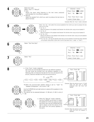 4    Select the mode.
     Select “Auto” or “Manual”.
     • Auto:
       Adjust the level while listening to the test tones produced
       automatically from the different speakers.
     • Manual:
       Select the speaker from which you want to produce the test tone to
       adjust the level.

                                                                                    Example: When the “Auto” mode is selected



5
                                 Select “Surr. Sp.”, then select the surround speaker(s) from which you want to produce the test
                                 tone (A, B or A+B).
                                 • Surr. Sp.: A
                                    Adjusts the balance of the playback level between the channels when using surround speaker A.
                                 • Surr. Sp.: B
                                    Adjusts the balance of the playback level between the channels when using surround speaker B.
                                 • Surr. Sp.: A+B
                                    Adjusts the balance of the playback level between the channels when using surround speakers
                                    A and B at the same time.
                                     The “Surr. Sp.” can only be selected when both surround speakers A and B have been selected
                                     at the System Setup Menu (when both A and B have been set to “Large” or “Small”).



6    Select “Test Tone Start”.




7    Select “Yes”.




8   a. If the “Auto” mode is selected:
       Test tones are automatically emitted from the different speakers.
       The test tones are emitted from the different speakers in the
       following order, at 4-second intervals the first time and second time
       around, 2-second intervals the third time around and on:
                                                        1spkr
                                                  SB
                                                                                  Flashing
        FL       C        FR        SR      SBR         SBL     SL        SW
                                               2spkrs
                                                                                    Example: When the volume is set to –11.5 dB
       When the surround back speaker setting is set to “1spkr” for                          while the test tone is being
       “Speaker Configuration”, this is set to “SB”.                                         produced from the Front Lch
                                                                                             speaker
    Use the CURSOR left and right buttons to adjust all the speakers to the
    same volume.
    The volume can be adjusted between –12 dB and +12 dB in units of
    1 dB.



                               b. When the “Manual” mode is selected
                                  Use the CURSOR up and down to select
                                  the speaker for which you want to output
                                  test tones, then use the CURSOR left and
                                  right to adjust so that the volume of the       Flashing
                                  test tones from the various speakers is
                                  the same.
                                                                                    Example: When the volume is set to –11.5 dB
                                                                                             while the Front Lch speaker is
                                                                                             selected




                                                                                                                                23
 