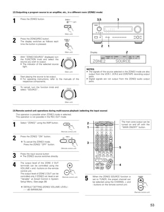 [2] Outputting a program source to an amplifier, etc., in a different room (ZONE2 mode)



1       Press the ZONE2 button.
                                                                        Light
                                                                                          3,5                        3



                                                          (Main unit)



2       Press the ZONE2/REC button.
        The display switches as follows each
        time the button is pressed.
                                                                                                2         1
                                                          (Main unit)               Display                                      2

3       With “ZONE2 SOURCE” displayed, turn                                                             PHONO CD TUNER        DVD /   VDP TV / DBS
                                                            FUNCTION                            MULTI    VCR  -1 -2               /   TAPE -1 -2
        the FUNCTION knob and select the
        source you wish to output.                                                    ZONE2                        SOURCE
        • The indicator of the selected source
          light.
                                                                                NOTES:
                                                          (Main unit)           • The signals of the source selected in the ZONE2 mode are also
                                                                                  output from the VCR-1, VCR-2 and CDR/TAPE recording output
                                                                                  jacks.
4       Start playing the source to be output.
        • For operating instructions, refer to the manuals of the
          respective components.
                                                                                • Digital signals are not output from the ZONE2 audio output
                                                                                  jacks.



5       To cancel, turn the function knob and
        select “SOURCE”.
                                                            FUNCTION




                                                          (Main unit)




[3] Remote control unit operations during multi-source playback (selecting the input source)
    This operation is possible when ZONE2 mode is selected.
    This operation is not possible in the REC OUT mode.

                                                                                                                             The main zone output can be
1       Select “ZONE2” using the AMP button.                                    2
                                                                                1
                                                                                                                             turned on and off with the
                                                                                                                             “MAIN ON/OFF” button.

                                                     (Remote control unit)



2       Press the ZONE2 “ON” button.

           To cancel the ZONE2 mode.
           Press the ZONE2 “OFF” button.
                                                                                3
                                                     (Remote control unit)                                               5


3       Press the input source button
        • The ZONE2 source switches directly.



4       The output level of the ZONE 2 OUT
        terminals can be controlled using the
        VOLUME + and - buttons on the remote
                                                                                                                         4
        control unit.
        The output level of ZONE 2 OUT can be
        controlled only if ZONE2 vol. level is set
        “Variable” at Zone2 Control in System
        Setup Menu. (See page 28)
                                                      (Remote control unit)
                                                                                5     When the ZONE2 SOURCE function is
                                                                                      set to TUNER, the preset channel can
                                                                                      be selected using the CHANNEL + and
                                                                                      - buttons on the remote control unit.
           DEFAULT SETTING (ZONE2 VOLUME LEVEL) :
           - - - dB (MINIMUM)
                                                                                                                                            (Remote control unit)




                                                                                                                                                                    53
 