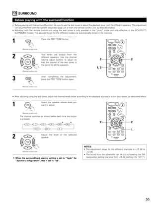 10 SURROUND

  Before playing with the surround function
• Before playing with the surround function, be sure to use the test tones to adjust the playback level from the different speakers. This adjustment
  can be performed with the system setup (see page 22) or from the remote control unit, as described below.
• Adjusting with the remote control unit using the test tones is only possible in the “Auto” mode and only effective in the DOLBY/DTS
  SURROUND modes. The adjusted levels for the different modes are automatically stored in the memory.



1                                  Press the TEST TONE button.



           (Remote control unit)




2                                  Test tones are output from the
                                   different speakers. Use the channel
                                   volume adjust buttons to adjust so                            2                                  2
                                   that the volume of the test tones is
                                   the same for all the speakers.
                                                                                              1, 3
           (Remote control unit)




3                                  After completing the adjustment,
                                   press the TEST TONE button again.


           (Remote control unit)




• After adjusting using the test tones, adjust the channel levels either according to the playback sources or to suit your tastes, as described below.



1                                  Select the speaker whose level you
                                   want to adjust.


           (Remote control unit)

        The channel switches as shown below each time the button
        is pressed.
                                                                                                 2                                  2
                FL          C       FR        SR    SBR     SBL

                           FADER         SW         SL
                                                                                                                                    1

2                                  Adjust the level of the selected
                                   speaker.



                                                                               NOTES:
                                                                               • The adjustment range for the different channels is +12 dB to
           (Remote control unit)                                                 –12 dB.
                                                                               • The sound from the subwoofer can be cut by lowering the SW
    When the surround back speaker setting is set to “1spkr” for                 (subwoofer) setting one step from –12 dB (setting it to “OFF”).
    “Speaker Configuration”, this is set to “SB”.




                                                                                                                                                     55
 