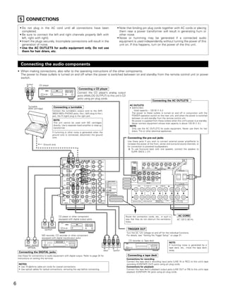 5 CONNECTIONS
      • Do not plug in the AC cord until all connections have been                                                              • Note that binding pin plug cords together with AC cords or placing
        completed.                                                                                                                them near a power transformer will result in generating hum or
      • Be sure to connect the left and right channels properly (left with                                                        other noise.
        left, right with right).                                                                                                • Noise or humming may be generated if a connected audio
      • Insert the plugs securely. Incomplete connections will result in the                                                      equipment is used independently without turning the power of this
        generation of noise.                                                                                                      unit on. If this happens, turn on the power of the this unit.
      • Use the AC OUTLETS for audio equipment only. Do not use
        them for hair driers, etc.



       Connecting the audio components
    • When making connections, also refer to the operating instructions of the other components.
      The power to these outlets is turned on and off when the power is switched between on and standby from the remote control unit or power
      switch.

            OUTPUT
             R   L         CD player
                                                                                            Connecting a CD player
                                               DIGITAL AUDIO




                                                                                           Connect the CD player’s analog output
             R   L
                                                                                           jacks (ANALOG OUTPUT) to this unit’s CD
                                                                                           jacks using pin plug cords.
                                                                                                                                                                 Connecting the AC OUTLETS
                                                                                                                                          AC OUTLETS
              Turntable                   Connecting a turntable
              (MM cartridge)                                                                                                              • SWITCHED
                                        Connect the turntable’s output cord to the AVR-                                                       (total capacity – 120 W (1 A.))
                                        3803/1083’s PHONO jacks, the L (left) plug to the L                                                 The power to these outlets is turned on and off in conjunction with the
                                        jack, the R (right) plug to the right jack.                                                         POWER operation switch on the main unit, and when the power is switched
                                                                                                                                            between on and standby from the remote control unit.
                                         NOTE:                                                                                              No power is supplied from these outlets when this unit’s power is at standby.
                                         This unit cannot be used with MC cartridges                                                        Never connect equipment whose total capacity is above 120 W (1 A.).
                                         directly. Use a separate head amplifier or step-up                                               NOTE:
                                         transformer.                                                                                       Only use the AC OUTLETS for audio equipment. Never use them for hair
                                                                                                                                            driers, TVs or other electrical appliances.
                                        If humming or other noise is generated when the
                                        ground wire is connected, disconnect the ground
                                        wire.                                                                                           Connecting the pre-out jacks
                                                                                                                                        Use these jacks if you wish to connect external power amplifier(s) to
                               Ground wire                                                                                              increase the power of the front, center and surround sound channels, or
                                                                                                                                        for connection to powered loudspeakers.
                                                                                                                                            To use Surround back with one speaker, connect the speaker to
                                                                                                                                            SURR. BACK L CH.


                                                                        R    L




                                                                                                 R

                                                                                                 L

                                                                                                 L
                                                                                                 R


                                                                             R          L




                                                               CD player or other component                                           Route the connection cords, etc., in such a          AC CORD
                                                               equipped with digital output jacks                                     way that they do not obstruct the ventilation       AC 120 V, 60 Hz
                                                                                                                                      holes.
                                                                                 DIGITAL AUDIO




                             OPTICAL COAXIAL
                                OUTPUT                                                                                                  TRIGGER OUT
                                                                                                                                       Turn the DC 12V voltage on and off for the individual functions.
                             MD recorder, CD recorder or other component                                                               For details, see “Setting the Trigger Setup” on page 31.
                             equipped with digital input/output jacks
                               B
                                                                                                                R       L   R   L         CD recorder or Tape deck
                                                                                                                                      B
                                                                                                                                                                                  NOTE:
            INPUT OUTPUT                                                                                                                                                          If humming noise is generated by a
             OPTICAL                                                                                            R       L   R   L                                                 tape deck, etc., move the tape deck
                                                                                                                INPUT       OUTPUT                                                away.
     Connecting the DIGITAL jacks
    Use these for connections to audio equipment with digital output. Refer to page 24 for                                              Connecting a tape deck
    instructions on setting this terminal.                                                                                             Connections for recording:
                                                                                                                                       Connect the tape deck’s recording input jacks (LINE IN or REC) to this unit’s tape
     NOTES:                                                                                                                            recording (CDR/TAPE OUT) jacks using pin plug cords.
     • Use 75 Ω/ohms cable pin cords for coaxial connections.                                                                          Connections for playback:
     • Use optical cables for optical connections, removing the cap before connecting.                                                 Connect the tape deck’s playback output jacks (LINE OUT or PB) to this unit’s tape
                                                                                                                                       playback (CDR/TAPE IN) jacks using pin plug cords.




6
 
