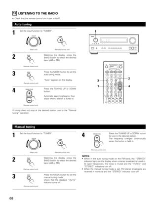 12 LISTENING TO THE RADIO
 • Check that the remote control unit is set to AMP.

     Auto tuning


 1      Set the input function to “TUNER”.

                       FUNCTION
                                                                                       1




                     (Main unit)               (Remote control unit)




 2                                  Watching the display, press the
                                    BAND button to select the desired
                                    band (AM or FM).

            (Remote control unit)                                                                          AMP




 3                                  Press the MODE button to set the
                                    auto tuning mode.

                                    “Auto” appears on the display.
                                                                                                                           2
                                                                                           3
            (Remote control unit)

                                                                                           1                               4
 4                                  Press the TUNING UP or DOWN
                                    button.

                                    Automatic searching begins, then
                                    stops when a station is tuned in.


            (Remote control unit)


 If tuning does not stop at the desired station, use to the “Manual
 tuning” operation.




     Manual tuning


 1      Set the input function to “TUNER”.

                       FUNCTION
                                                                        4                                 Press the TUNING UP or DOWN button
                                                                                                          to tune in the desired station.
                                                                                                          The frequency changes continuously
                                                                                                          when the button is held in.



                                                                                  (Remote control unit)
                     (Main unit)               (Remote control unit)

                                                                        NOTES:

 2                                  Watching the display, press the
                                    BAND button to select the desired
                                    band (AM or FM).
                                                                        • When in the auto tuning mode on the FM band, the “STEREO”
                                                                          indicator lights on the display when a stereo broadcast is tuned in.
                                                                          At open frequencies, the noise is muted and the “TUNED” and
                                                                          “STEREO” indicators turn off.
            (Remote control unit)                                       • When the manual tuning mode is set, FM stereo broadcasts are
                                                                          received in monaural and the “STEREO” indicator turns off.

 3                                  Press the MODE button to set the
                                    manual tuning mode.
                                    Check that the display’s “AUTO”
                                    indicator turns off.
            (Remote control unit)




68
 