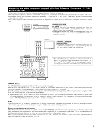 Connecting the video component equipped with Color Difference (Component - Y, PR/CR,
  PB/CB) Video jacks
• When making connections, also refer to the operating instructions of the other components.
• The signals input to the color difference (component) video jacks are not output to the VIDEO output jack (yellow) or the S-Video output jack.
• Some video sources with component video outputs are labeled Y, CB, CR, or Y, Pb, Pr, or Y, R-Y, B-Y. These terms all refer to component video
  color difference output.
• The function assigned to the component video input can be changed at the system setup. For details, see “Setting the video setup” on page
  25.

                           COMPONENT       DVD player                        Connecting a DVD player
                           VIDEO OUT
                                                                            DVD IN jacks
                                            B



                             Y   CB   CR
                                                                            • Connect the DVD player’s color difference (component) video output jacks
                                                                              (COMPONENT VIDEO OUTPUT) to the COMPONENT VIDEO-1 IN jack using
                                                                              75 Ω/ohms coaxial video pin-plug cords.
                                                                            • In the same way, another video source with component video outputs such
                                                                              as a TV/DBS tuner, etc., can be connected to the VIDEO-2 color difference
                                                                              (component) video jacks.



                                                               Monitor TV
                                                COMPONENT                            Connecting a monitor TV
                                                  VIDEO IN
                                                 Y CB CR                            MONITOR OUT jack
                                                                                    • Connect the TV’s color difference (component) video input jacks
                                                                                      (COMPONENT VIDEO INPUT) to the COMPONENT MONITOR OUT
                                                                                      jack using 75 Ω/ohms coaxial video pin-plug cords.




                                                                              • The color difference input jacks may be indicated differently on
                                                                                some TVs, monitors or video components (“CR, CB and Y”, “R-
                                                                                Y, B-Y and Y”, “Pr, Pb and Y”, etc.). For details, carefully read the
                                                                                operating instructions included with the TV or other component.




MONITOR OUT jacks
The AVR-3803/1083 is equipped with a function for up-converting video signals.
Because of this, the AVR-3803/1083’s MONITOR OUT jack can be connected to the monitor (TV) with a set of cables offering a higher quality
connection, regardless of how the player and the AVR-3803/1083’s video input jacks are connected.
Generally speaking, connections using the component video jacks offer the highest quality playback, followed by connections using the S-Video
jacks, then connections using the regular video jacks (yellow).
   If the AVR-3803/1083’s MONITOR OUT jack is not connected to the monitor (TV) using the component video jacks, connect the player to the
   AVR-3803/1083’s video input jacks using either the video jacks (yellow) or the S-Video jacks. The video signals will not be output if the player
   and the AVR-3803/1083 are only connected with the component video jacks.

NOTE:
Down-converting from the component video signal to the S-Video and composite video signal is not possible, so when not using the component
video monitor output terminal connect the player using the S-Video or composite video input terminal.

Cautions on the video conversion function:
When the component video terminals are used to connect the AVR-3803/1083 with a TV (or monitor, projector, etc.) and the video (yellow) or S
video terminals are used to connect the AVR-3803/1083 with a VTR, depending on the combination of the TV and VTR the picture may flicker in
the horizontal direction, be distorted, be out of sync or not display at all when playing video tapes.
If this happens, connect a commercially available video stabilizer, etc., with a TBC (time base corrector) function between the AVR-3803/1083 and
the VTR, or if your VTR has a TBC function, turn it on.




                                                                                                                                                          9
 