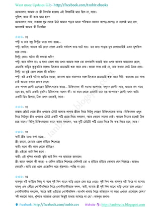 Want more Updates 
http://tanbircox.blogspot.com
কমািাকলব: আমাি কয স্ত্রী ত কখাাঁজ হক়েকছ এই তবষ়েতটই মক তছল া, েযাি।
পুতলশ: আজ েী েকি মক হল?
কমািাকলব: েযাি, েোকল িুম কেকে উকঠ আমাি প়িাি মকিা পতিিাি কোক া োপ়ি-কচাপ়ি া কদকখই মক হল,
আেকলই আমাি স্ত্রী ত কখাাঁজ!
✩✩✩- 91
পল্টু ও িাি বন্ধু তবল্টু ি মকধয েো হকি—
পল্টু : জাত ে, আমাি বউ কিকগ কগকল এেটা েবব াশ োে িকট যা়ে। ওি জ য পা়িা়ে মুখ কদখাক াটাই এখ মুশতেল
হক়ে কগকছ।
তবল্টু : কে । িট া েী বলকিা শুত ?
পল্টু : আি বতলে া। ও যখ কিকগ যা়ে িখ আমাি েকে কিা িাগািাতগ েকিই িাি ওপি আবাি আমাকদি কছকল,
এম তে বাত়িি েু েু িটাি েকেও তচৎোি কচচাকমতচ শুরু েকি কদ়ে। োকিা োধয ক ই কয, িাি েোি কেউ উত্তি কদ়ে।
তবল্টু : িা িুই কিকগ কগকল েী েতিে?
পল্টু : ওই এেই িট া! আতমও দিজা, জা ালা আি বািান্দাি েকে তচৎোি কচচাকমতচ শুরু েকি তদই। ওকদিও কিা োধয
ক ই আমাি েোি জবাব কদকব!
এে পাগল কিাগী একেকছ তচতেৎেকেি োকছ— তচতেৎেে: েী েমেযা আপ াি, বলু ? কিাগী: েযাি, আমাি েব েম়ে
মক হ়ে, আতম এেটা মুিতগ। তচতেৎেে: বকল েী। িা েকব কেকে এম টা মক হ়ে আপ াি? কিাগী: যখ আতম
এেতট তেম তছলাম, তঠে িখ কেকেই, েযাি।
✩✩✩- 92
িাস্তা়ে কহাাঁচট কখক়ে স্ত্রীি ওপকিি কঠাাঁকট আিাি লাগা়ে স্ত্রীকে ত ক়ে তবটলু কগকছ তচতেৎেকেি োকছ। তচতেৎেে ওষুধ
তদক়ে তবটলুি স্ত্রীি ওপকিি কঠাাঁকট এেতট পতট্ট কমকি তদক়ে বলকল , ‘আি কোক া েমেযা ক ই। েক়েে তদক ি মকধযই তঠে
হক়ে যাকব।’ তবটলু তচতেৎেকেি োক োক বলকল , ‘ওি দুতট কঠাাঁকটই পতট্ট কমকি তদকি তি েি তদকি হকব, েযাি।’
✩✩✩- 93
স্বামী-স্ত্রীি মকধয েো হকি—
স্ত্রী: জাক া, কিামাি কছকল হাাঁটকি তশকখকছ!
স্বামী: বকলা েী! েকব কেকে হাাঁটকছ?
স্ত্রী: এইকিা আট তদ হকলা।
স্বামী: এই খুতশি খবিটা িুতম আট তদ পি আমাকে জা াকল!
স্ত্রী: আকগ বলকবা েী েকি? ও কযতদ হাাঁটকি তশকখকছ কেতদ ই কিা ও হাাঁটকি হাাঁটকি কোো়ে কয তগক়েকছ। আজও
কিকিত । আতম কিা ওকে একিাতদ ধকি খুাঁজলাম। পাতি া কিা!
✩✩✩- 94
বাবলুি বউ োউকে তেছু া বকল দুই তদ আকগ বাত়ি কেকে কবি হক়ে কগকছ। দুই তদ পি বাবলুি বউ তিকি া আো়ে
বাবলু এে কদৌক়ি কপাস্টঅতিকে তগক়ে কপাস্টমাস্টািকে বলল, ‘ভাই, আমাি স্ত্রী দুই তদ আকগ বাত়ি কেকে চকল কগকছ।’
কপাস্টমাস্টাি বলকল , ‘আকি ভাই এটাকিা কপাস্টঅতিে। আপত ো া়ে তগক়ে অতভকযাগ া েকি এখাক একেকছ কে ?’
‘েী েিকবা েযাি, খুতশকি আজকে কোক া তেছুই মাো়ে আেকছ া কয!’—বাবলুি জবাব।
 
