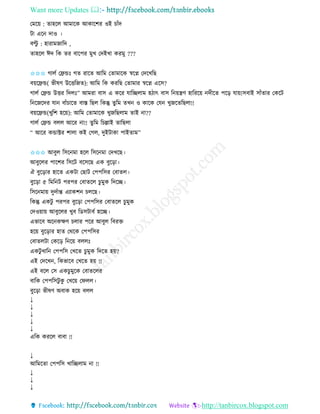 Want more Updates 
http://tanbircox.blogspot.com
কমক়ে : িাহকল আমাকে আোকশি ওই চাাঁদ
টা এক দাও ।
বল্টু : হািামজাতদ ,
িাহকল ঈদ তে িি বাকপি মুখ কদইখা েিমু ???
✩✩✩ গালব কেন্ডঃ গি িাকি আতম কিামাকে স্বকে কদকখতছ
ব়েকেন্ড( ভীষণ উকত্ততজি): আতম তে েিতছ কিামাি স্বকে একে?
গালব কেন্ড উত্তি তদলঃ” আমিা বাে এ েকি যাতিলাম হঠাৎ বাে ত ়েন্ত্রণ হাতিক়ে দীকি পক়ি যা়ে!েবাই োাঁিাি কেকট
ত কজকদি যা বাাঁচাকি বাস্ত তছল তেন্তু িুতম িখ ও োকে কয খুজকিতছলা!!
ব়েকেন্ড(খুতশ হক়ে): আতম কিামাকে খুজতছলাম িাই া??
গালব কেন্ড বলল আকি া!! িুতম তচল্লাই িাতছলা
“ আকি েন্ডাক্টি শালা েই কগল, দুইটাো পাইিাম”
✩✩✩ আবুল তেক মা হকল তেক মা কদখকছ।
আবুকলি পাকশি তেকট বকেকছ এে বুক়িা।
ঐ বুক়িাি হাকি এেটা কছাট কপপতেি কবািল।
বুক়িা ৫ তমত ট পিপি কবািকল চুমুে তদকি।
তেক মা়ে দুদবান্ত এযােশ চলকছ।
তেন্তু এেটু পিপি বুক়িা কপপতেি কবািকল চুমুে
কদও়ো়ে আবুকলি খুব তেেটাবব হকি।
এভাকব অক েক্ষণ চলাি পকি আবুল তবিক্ত
হক়ে বুক়িাি হাি কেকে কপপতেি
কবািলটা কেক়ি ত ক়ে বললঃ
এেটু খাত কপপতে কখকি চুমুে তদকি হ়ে?
এই কদকখ , তেভাকব কখকি হ়ে !!
এই বকল কে এেচুমুকে কবািকলি
বাতে কপপতেটু েু কখক়ে কিলল।
বুক়িা ভীষণ অবাে হক়ে বলল
↓
↓
↓
↓
↓
এতে েিকল বাবা !!
↓
আতমকিা কপপতে খাতিলাম া !!
↓
↓
↓
 