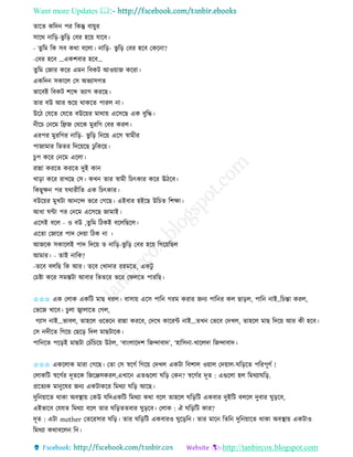 Want more Updates 
http://tanbircox.blogspot.com
িাকি েতদ পি তেন্তু বা়েুি
োকে াত়ি-ভু ত়ি কবি হক়ে যাকব।
- িুতম তে েব েো বকলা। াত়ি- ভু ত়ি কবি হকব কেক া?
-কবি হকব …এেশবাি হকব…
িুতম কজাি েকি এম তবেট আও়োজ েকিা।
এেতদ েোকল কে অভযােগি
ভাকবই তবেট শকব্দ িযাগ েিকছ।
িাি বউ আি শুক়ে োেকি পািল া।
উকঠ কযকি কযকি বউক়েি মাো়ে একেকছ এে বুতদ্ধ।
ীকচ ক কম তেজ কেকে মুিতগ কবি েিল।
এিপি মুিতগি াত়ি- ভু ত়ি ত ক়ে একে স্বামীি
পাজামাি তভিি তদক়েকছ ঢু তেক়ে।
চু প েকি ক কম একলা।
িান্না েিকি েিকি দুই ো
খা়িা েকি িাখকছ কে। েখ িাি স্বামী তচৎোি েকি ঊঠকব।
তেছুক্ষ পি যোিীতি এে তচৎোি।
বউক়েি মুখটা আ কন্দ ভকি কগকছ। এইবাি হইকছ উতচি তশক্ষা।
আধা িো পি ক কম একেকছ জামাই।
একেই বকল - ও বউ ,িুতম তঠেই বকলতছকল।
একিা কজাকি পাদ কদ়ো তঠে া ।
আজকে েোকলই পাদ তদক়ে ি াত়ি-ভু ত়ি কবি হক়ে তগক়েতছল
আমাি। - িাই াতে?
-িকব বলতছ তে আি। িকব কখাদাি িহমকি, এেটু
কচিা েকি েমস্তটা আবাি তভিকি ভকি কিলকি পািতছ।
✩✩✩ এে কলাে এেতট মাছ ধিল। বাো়ে একে পাত গিম েিাি জ য পাত ি েল ছা়িল, পাত াই..তচন্তা েিল,
কভকজ খাকব। চুলা জ্বালাকি কগল,
গযাে াই...ভাবল, িাহকল ওকভক িান্না েিকব, কদকখ োকিে াই...িখ কভকব কদখল, িাহকল মাছ তদক়ে আি েী হকব।
কে দীকি তগক়ে কছক়ি তদল মাছটাকে।
পাত কি পক়িই মাছটা কচাঁতচক়ে উঠল, ‘বা়ংলাকদশ তজন্দাবাদ’, ‘হাতে া-খাকলদা তজন্দাবাদ।
✩✩✩ এেকলাে মািা কগকছ। কিা কে স্বকগব তগক়ে কদখল এেটা তবশাল ও়োল কদ়োল-িত়িকি পতিপূণব !
কলােতট স্বকগবি দূিকে তজকিেেিল,এখাক এিগুকলা িত়ি কে ? স্বকগবি দূি : এগুকলা হল তমেযািত়ি.
প্রকিযে মা ুকষি জ য এেটােকি তমেযা িত়ি আকছ।
দুত ়োকি োো অবস্থা়ে কেউ যতদএেতট তমেযা েো বকল িাহকল িত়িতট এেবাি দুইতট বলকল দুবাি িু়িকব,
এইভাকব কযযি তমেযা বকল িাি িত়িিিবাি িু়িকব। কলাে : ঐ িত়িতট োি?
দূি : এটা mother কিকিোি িত়ি। িাি িত়িতট এেবািও িুক়িত । িাি মাক তিত দুত ়োকি োো অবস্থা়ে এেটাও
তমেযা েোবকল ত ।
 
