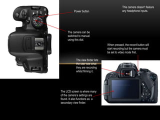 Power button
This camera doesn’t feature
any headphone inputs.
The camera can be
switched to manual
using this dial.
The view finder lets
the user see what
they are recording
whilst filming it.
The LCD screen is where many
of the camera’s settings are
found. It also functions as a
secondary view finder.
When pressed, the record button will
start recording but the camera must
be set to video mode first.
 