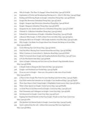 309. Why Is Google+ The Place To Engage? Johan Horak http://goo.gl/X7DCM 
310. Explanation of Circles and Broadcasting/Sharing on G+. John R. Ellis http://goo.gl/ZZpgI 
311. Finding and Following People on Google+ Johnathan Chung http://goo.gl/EDvZA 
312. Google Plus Resources Johnathan Chung http://goo.gl/raE1V 
313. Google+ Hangout App Directories Johnathan Chung http://goo.gl/IEz0Z 
314. Google+ Hangouts Johnathan Chung http://goo.gl/JyWIE 
315. Hangouts On Air: Guides and How-to's Johnathan Chung http://goo.gl/xLDRF 
316. Ultimate G+ Collection Johnathan Chung http://goo.gl/wdarZ 
317. Unleash the Awesomeness of Google+ Johnathan Chung http://goo.gl/FG4QS 
318. 5 Reasons Why Google+ Is NOT a Ghost Town Jon Cilley http://goo.gl/Gg6m2 
319. Getting the Most out of Google+ with Google Analytics Jon Cilley http://goo.gl/ro3Ke 
320. Why Google+ Can Make You Forget About Your Friends Not Being on It Jon Cilley 
http://goo.gl/jMauT 
321. Circle Filtering Tips Jyoti Evans http://goo.gl/mfeA0 
322. Find Out Who's Sharing Your Content Kamal Bennani http://goo.gl/XET8Q 
323. What I Continue to Learn about G+ Katherine Bond http://goo.gl/GYN6Z 
324. What I've Learned about Google and Googling Katherine Bond http://goo.gl/Vxnus 
325. 5 P's for Plus Kristin Isler http://goo.gl/f6ybk 
326. Grow a Google+ Following and Get Users to Your Brand's Page Kristoffer Howes 
http://goo.gl/JZO8k 
327. A Simple Guide to Hangouts Kyle Salewski http://goo.gl/g20mn 
328. Google+ and Facebook Lars Fosdal http://goo.gl/XpZIk 
329. If you are new to Google+ - there are a few points to take note of Lars Fosdal 
http://goo.gl/tk7T0 
330. 5 Ways to Save Google Plus Posts for Later Reading Leah Davies http://goo.gl/vRgRA 
331. Can I find content that interests me on Google+? Lee Smallwood http://goo.gl/TnpV6 
332. Three Easy Steps to Start Using Google+! (Highlights) Linda Lawrey http://goo.gl/wjWo1 
333. What is Hate Speech on Google+ Linda Lawrey http://goo.gl/PImMz 
334. 10 Great Ways to Get Discovered on Google+ Louis Gray http://goo.gl/LyzJ1 
335. Find Classmates and Colleagues on Google+ Louis Gray http://goo.gl/jelOi 
336. Get discovered on Google+ Louis Gray http://goo.gl/LyzJ1 
337. Tapping Into Search Results to Find Top Google+ People on Any Topic Louis Gray 
http://goo.gl/xsTb1 
338. The Quickest Get Started Guide to Google+ Louis Gray http://goo.gl/L5u6Q 
339. Insert a photo from the web - without that annoying URL Luca Appelmann 
http://goo.gl/6Dke5 
 
