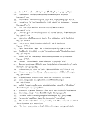 425. How to Rank for a Keyword Using Google+ Mark Traphagen http://goo.gl/Sdp72 
426. How to Reorder Your Google+ Circles for Stream Reading Mark Traphagen 
http://goo.gl/0fxtt 
427. New Interface ~ Notifications Page for Google+ Mark Traphagen http://goo.gl/5oODJ 
428. Three Ways to Use Your Personal Google+ Profile to Build Your Business Mark Traphagen 
http://goo.gl/9u1Ws 
429. Tune Your Google+ Stream to Reduce Noise (Video) Mark Traphagen 
http://goo.gl/0EU36 
430. 5 Friendly Tips to help threads stay on track and prevent "derailing" Martin Shervington 
http://goo.gl/UkExE 
431. 5 quick steps to building your own circle for direct notifications. Martin Shervington 
http://goo.gl/gqMxY 
432. 7 tips on how to build a great network on Google+ Martin Shervington 
http://goo.gl/VZz7Y 
433. 7 ways to think about "Google Local" Martin Shervington http://goo.gl/vmgZG 
434. Could Google+ help with the process of "personality integration"? Martin Shervington 
http://goo.gl/opqSp 
435. Google+, Trust and the experience of learning something new Martin Shervington 
http://goo.gl/EY3lk 
436. Hangouts : You should know. Martin Shervington http://goo.gl/Cm212 
437. Hangouts: have you started thinking about the applications of this new techology? Martin 
Shervington http://goo.gl/idDj3 
438. How do connections happen on Google+? Martin Shervington http://goo.gl/SLGDx 
439. How does your perception of Google+ affect your experience of it? Martin Shervington 
http://goo.gl/G0vUx 
440. Is Google+ making the web personal? Martin Shervington http://goo.gl/ByIE8 
441. Is monetizing Google+ the elephant in the room? Martin Shervington 
http://goo.gl/B0ucB 
442. Multiple Perspectives and dynamics within Google+ have to do with...a "Silent Disco"? 
Martin Shervington http://goo.gl/X7vUZ 
443. Newbie on G+? With less than 2000 circlers? Martin Shervington http://goo.gl/FDuC2 
444. One year ago... Google+ Terms Martin Shervington http://goo.gl/2L7kt 
445. The art and science of creative posting Martin Shervington http://goo.gl/h6QQe 
446. The concept of a social layer Martin Shervington http://goo.gl/2dmYG 
447. What does it mean to relate to someone/something on G+ & how can we do it even better? 
Martin Shervington http://goo.gl/0Oq0I 
448. What frames are you setting on Google+? Martin Shervington http://goo.gl/mYgGp 
 