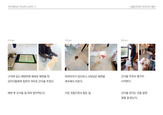 인터렉티브 미디어 디자인 Ⅱ 사물인터넷 아이디어 제안
배변 후 간식을 잘 따라 받아먹는다.
구석에 있는 배변판에 제대로 배변을 한
강아지들에게 칭찬의 의미로 간식을 주었다.
가장 귀찮으면서 힘든 일.
여러마리가 있다보니 사장님은 배변을
계속해서 치운다.
간식을 주면서 몇가지
시켜본다.
간식을 준다는 것을 알면
말을 잘 듣는다.
4:10 pm 4:25 pm 5:00 pm
 
