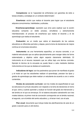 113
Competencia: es la “capacidad de enfrentarse con garantías de éxito a
tareas simples y complejas en un contexto determinado”.
Enseñanza: acción que realiza el docente para lograr que el estudiante
adquiera conocimientos, habilidades y actitudes.
Enseñanza-aprendizaje: expresión que sirve para explicar que la acción
educativa comporta un doble proceso, simultáneo y estrechamente
interrelacionado: el proceso de enseñanza que realiza el docente y el de
aprendizaje que realiza el estudiante.
Evaluación: es un medio que valora el desempeño de los actores
educativos en diferentes períodos y etapas, para la toma de decisiones de mejora
continua en el proceso educativo.
Instrumento: es una herramienta específica, un recurso concreto, o un
material estructurado que se aplica ejecutoriamente para recoger datos de forma
sistematizada y objetiva sobre algún aspecto claramente delimitado. El
instrumento es el recurso necesario que se utiliza bajo una técnica concreta.
Ejemplo la técnica de la encuesta se puede llevar a cabo mediante distintos
instrumentos en los que se destaca el cuestionario.
Indicadores de logro: son los parámetros que ponen de manifiesto el grado
y el modo en que los estudiantes realizan el aprendizaje, precisan los tipos y
grados de aprendizaje que debe realizar un estudiante de acuerdo a uno o varios
contenidos.
Niveles de concreción curricular: son los niveles de especificidad en que
se estructura el currículo educativo con respecto a la toma de decisiones en torno
al qué, cómo y cuándo aprender y evaluar en función del grado de intervención y
del ámbito en el que se enmarque. En el sistema educativo salvadoreño son tres
niveles básicos: el primer nivel de concreción corresponde con el ámbito nacional;
el segundo, con el ámbito del centro educativo; y, el tercer nivel, con el aula.
Plan anual: documento que incluye todas las planificaciones de aula de un
grado o sección para un año lectivo.
 