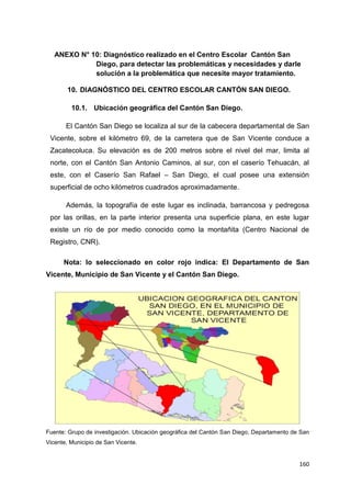 160
ANEXO N° 10: Diagnóstico realizado en el Centro Escolar Cantón San
Diego, para detectar las problemáticas y necesidades y darle
solución a la problemática que necesite mayor tratamiento.
10. DIAGNÓSTICO DEL CENTRO ESCOLAR CANTÓN SAN DIEGO.
10.1. Ubicación geográfica del Cantón San Diego.
El Cantón San Diego se localiza al sur de la cabecera departamental de San
Vicente, sobre el kilómetro 69, de la carretera que de San Vicente conduce a
Zacatecoluca. Su elevación es de 200 metros sobre el nivel del mar, limita al
norte, con el Cantón San Antonio Caminos, al sur, con el caserío Tehuacán, al
este, con el Caserío San Rafael – San Diego, el cual posee una extensión
superficial de ocho kilómetros cuadrados aproximadamente.
Además, la topografía de este lugar es inclinada, barrancosa y pedregosa
por las orillas, en la parte interior presenta una superficie plana, en este lugar
existe un río de por medio conocido como la montañita (Centro Nacional de
Registro, CNR).
Nota: lo seleccionado en color rojo indica: El Departamento de San
Vicente, Municipio de San Vicente y el Cantón San Diego.
Fuente: Grupo de investigación. Ubicación geográfica del Cantón San Diego, Departamento de San
Vicente, Municipio de San Vicente.
 