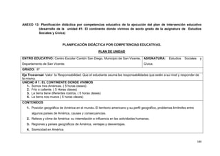 180
ANEXO 13: Planificación didáctica por competencias educativa de la ejecución del plan de intervención educativo
(desarrollo de la unidad #1: El continente donde vivimos de sexto grado de la asignatura de Estudios
Sociales y Cívica)
PLANIFICACIÓN DIDÁCTICA POR COMPETENCIAS EDUCATIVAS.
PLAN DE UNIDAD
ENTRO EDUCATIVO: Centro Escolar Cantón San Diego, Municipio de San Vicente,
Departamento de San Vicente.
ASIGNATURA: Estudios Sociales y
Cívica.
GRADO: 6º
Eje Trasversal: Valor la Responsabilidad: Que el estudiante asuma las responsabilidades que estén a su nivel y responder de
la misma.
UNIDAD # 1: EL CONTINENTE DONDE VIVIMOS
1. Somos tres Américas. ( 5 horas clases)
2. Frío o caliente. ( 5 Horas clases)
3. La tierra tiene diferentes rostros. ( 5 horas clases)
4. La tierra nos mueve.( 5 horas clases)
CONTENIDOS
1. Posición geográfica de América en el mundo. El territorio americano y su perfil geográfico, problemas limítrofes entre
algunos países de América, causas y consecuencias.
2. Relieve y clima de América: su interrelación e influencia en las actividades humanas.
3. Regiones y países geográficos de América, ventajas y desventajas.
4. Sismicidad en América.
 