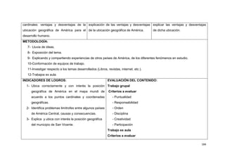 184
cardinales: ventajas y desventajas de la
ubicación geográfica de América para el
desarrollo humano.
explicación de las ventajas y desventajas
de la ubicación geográfica de América.
explicar las ventajas y desventajas
de dicha ubicación.
METODOLOGÍA:
7- Lluvia de ideas.
8- Exposición del tema.
9- Explicando y compartiendo experiencias de otros países de América, de los diferentes fenómenos en estudio.
10-Conformación de equipos de trabajo.
11-Investigar respecto a los temas desarrollados (Libros, revistas, internet. etc.).
12-Trabajos ex aula.
INDICADORES DE LOGROS:
1- Ubica correctamente y con interés la posición
geográfica de América en el mapa mundi de
acuerdo a los puntos cardinales y coordenadas
geográficas.
2- Identifica problemas limítrofes entre algunos países
de América Central, causas y consecuencias.
3- Explica y ubica con interés la posición geográfica
del municipio de San Vicente.
EVALUACIÓN DEL CONTENIDO:
Trabajo grupal
Criterios a evaluar
- Puntualidad
- Responsabilidad
- Orden
- Disciplina
- Creatividad
- Participación
Trabajo ex aula
Criterios a evaluar
 