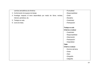 187
cambios atmosféricos de América.
3. Conformación de equipos de trabajo.
4. Investigar respecto al tema desarrollado por medio de: libros, revistas,
internet. periódicos, etc.
5. Trabajos ex aula.
6. Lluvia de ideas.
- Puntualidad
- Responsabilidad
- Orden
- Disciplina
- Creatividad
- Participación
Trabajo ex aula
Criterios a evaluar
- Creatividad
- Responsabilidad
- Observación
- Participación
- Originalidad
Taller
Criterio a evaluar
- Dominio del tema
- Orden
- Aseo
- Ortografía
- Caligrafía
 