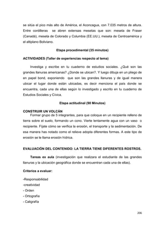 206
se sitúa el pico más alto de América, el Aconcagua, con 7.035 metros de altura.
Entre cordilleras se abren extensas mesetas que son: meseta de Fraser
(Canadá), meseta de Colorado y Columbia (EE.UU.), meseta de Centroamérica y
el altiplano Boliviano.
Etapa procedimental (35 minutos)
ACTIVIDADES (Taller de experiencias respecto al tema)
Investiga y escribe en tu cuaderno de estudios sociales. ¿Qué son las
grandes llanuras americanas? ¿Donde se ubican?. Y luego dibuja en un pliego de
en papel bond, exponiendo que son las grandes llanuras y de igual manera
ubicar el lugar donde están ubicadas, es decir menciona el país donde se
encuentra, cada una de ellas según lo investigado y escrito en tu cuaderno de
Estudios Sociales y Cívica.
Etapa actitudinal (90 Minutos)
CONSTRUIR UN VOLCÁN
Formar grupo de 5 integrantes, para que coloque en un recipiente relleno de
tierra sobre el suelo, formando un cono. Vierte lentamente agua con un vaso o
recipiente. Fíjate cómo se verifica la erosión, el transporte y la sedimentación. De
esa manera has notado como el relieve adopta diferentes formas. A este tipo de
erosión se le llama erosión hídrica.
EVALUACIÓN DEL CONTENIDO: LA TIERRA TIENE DIFERENTES ROSTROS.
Tareas ex aula (investigación que realizara el estudiante de las grandes
llanuras y la ubicación geográfica donde se encuentran cada una de ellas).
Criterios a evaluar:
-Responsabilidad
-creatividad
- Orden
- Ortografía
- Caligrafía
 
