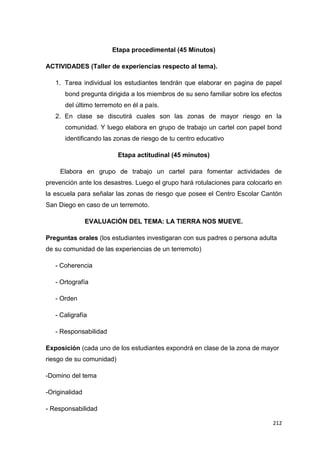 212
Etapa procedimental (45 Minutos)
ACTIVIDADES (Taller de experiencias respecto al tema).
1. Tarea individual los estudiantes tendrán que elaborar en pagina de papel
bond pregunta dirigida a los miembros de su seno familiar sobre los efectos
del último terremoto en él a país.
2. En clase se discutirá cuales son las zonas de mayor riesgo en la
comunidad. Y luego elabora en grupo de trabajo un cartel con papel bond
identificando las zonas de riesgo de tu centro educativo
Etapa actitudinal (45 minutos)
Elabora en grupo de trabajo un cartel para fomentar actividades de
prevención ante los desastres. Luego el grupo hará rotulaciones para colocarlo en
la escuela para señalar las zonas de riesgo que posee el Centro Escolar Cantón
San Diego en caso de un terremoto.
EVALUACIÓN DEL TEMA: LA TIERRA NOS MUEVE.
Preguntas orales (los estudiantes investigaran con sus padres o persona adulta
de su comunidad de las experiencias de un terremoto)
- Coherencia
- Ortografía
- Orden
- Caligrafía
- Responsabilidad
Exposición (cada uno de los estudiantes expondrá en clase de la zona de mayor
riesgo de su comunidad)
-Domino del tema
-Originalidad
- Responsabilidad
 
