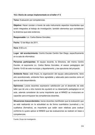 216
16.2. Diario de campo implementado en el taller nº 2
Tema: Evaluación por competencias.
Objetivo: Hacer constar a través de este instrumento aspectos importantes que
serán integrados al trabajo de investigación, también elementos que constataran
la dinámica que este evidencie.
Responsable: Lic. Carlos Baires González.
Fecha: 12 de Mayo de 2011.
Hora: 8:00 a.m.
Lugar del acontecimiento: Centro Escolar Cantón San Diego, específicamente
en la sala de informática.
Personas participantes: El equipo docente, la Directora, del mismo Centro
Escolar, el exponente Lic. Carlos Baires González, el asesor pedagógico del
Distrito 10-03 de este municipio y departamento, y las ejecutoras del proyecto.
Ambiente físico: está limpio, la organización del equipo adecuadamente, tiene
aire acondicionado, ambiente físico agradable y adecuado para eventos como el
que se está desarrollando.
Opiniones: Los/as docentes expresaron satisfacción por el desarrollo de este
taller que de una u otra manera les ayudará en su desempeño pedagógico en el
aula, además consideran de suma importante que el MINED se involucrara en
capacitar para enriquecer las competencias docentes.
Situaciones trascendentales: los/as docentes manifiestan que la evaluación que
se está realizando en la actualidad es de forma cuantitativa (sumativa) y no
cualitativa (formativa), es importante que están sean relativas para evaluar
conforme lo quiere aplicar el MINED que las evaluaciones se realicen en base a
competencias.
Fuente: Grupo de investigación.
 