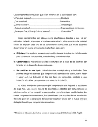 58
Los componentes curriculares que están inmersos en la planificación son:
“¿Para qué evaluar?........................................................Objetivos
¿Qué enseñar?..............................................................Contenidos
¿Cómo enseñar?:…………………………………………..Metodologías
¿Cuándo enseñar?.........................................................Organización de contenidos
¿Para qué, Qué, Cómo y Cuándo evaluar?.....................Evaluación”78
.
Estos componentes son básicos en la planificación didáctica y que al ser
utilizados, deberán adecuarse al contexto determinado, directamente a la realidad
social. Se explican cada uno de los componentes curriculares que los/as docentes
deben tomar en cuenta al momento de planificar, estos son:
a) Objetivos: los objetivos se construyen en términos de la actuación del alumnado
para contenidos conceptuales, actitudinales y procedimentales.
b) Contenidos: su relevancia depende de la función en el logro de los objetivos por
lo tanto, en el desarrollo de competencias.
c) Se clarifican en tres tipos: procedimentales, conceptuales y actitudinales. Esto
permite reflejar los saberes que componen una competencia (saber, saber hacer
y saber ser). La distinción en los tres tipos de contenidos, obedece a una
intención educativa; pero guardan una estrecha vinculación.
El nuevo enfoque de planificación por competencias que requiere la educación
del siglo XXI. Este nuevo modelo de planificación didáctica por competencias se
prioriza muchos en los contenidos conceptuales, procedimentales y actitudinales, los
cuales se presentan en esquema, los aprendizajes que adquiere los/as estudiantes
de sexto grado en la asignatura de Estudios Sociales y Cívica con el nuevo enfoque
de la planificación por competencias educativas.
78
Ministerio de Educación, Currículo al servicio de los aprendizaje.2ª, El Salvador, 2008. Pag.36.
 