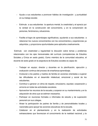71
- Ayuda a sus estudiantes a promover hábitos de investigación y puntualidad
en su trabajo escolar.
- Estimula a sus estudiantes la apertura mental, la creatividad y el aprecio por
la verdad en la construcción del conocimiento, y en la comprensión de
personas, fenómenos y situaciones.
- Facilita el logro de aprendizajes significativos, ayudando a sus estudiantes a
relacionar los nuevos conocimientos con los conocimientos y experiencias ya
adquiridos, y proporciona oportunidades para aplicarlos creativamente.
Estimula con creatividad y regularidad la discusión sobre temas y problemas
relacionados con los ejes transversales del currículo (competencias de Estudios
Sociales y Cívica en sexto grado). Como miembro de la comunidad educativa, el
docente de sexto grado en la asignatura de Estudios sociales es capaz de:
- Trabajar en equipo; director y docentes en la planificación, ejecución y
evaluación continua del proceso de enseñanza-aprendizaje.
- Involucrar a los padres y madres de familia en acciones orientadas a superar
las dificultades en el desarrollo intelectual, emocional y social de los
estudiantes.
- Contribuir a generar un clima de respeto, entusiasmo, equidad, cooperación y
armonía en todas las actividades escolares.
- Aprovechar los recursos de la escuela y cooperar en su mantenimiento y en la
adquisición de otros que se estimen necesarios.
- Participar en reuniones formales e informales de estudio y de superación
personal con sus colegas.
- Atraer la participación de padres de familia y de personalidades locales y
nacionales para apoyar las acciones educativas de la escuela.
- Colaborar en el planteamiento y en la realización de actividades
extraescolares que favorezcan el conocimiento de la realidad nacional, y la
 
