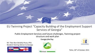 EU Twinning Project “Capacity Building of the Employment Support
Services of Georgia”
Public Employment Services and future challenges, Twinning project
structure and work plan
Mr. Tibor Bors Borbély-Pecze, PhD.
Resident Twining Adviser to Georgia
Tbilisi, 30th of October 2015
Georgia Jobs Day
 