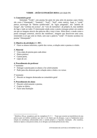 VERDE – JOÃO GUIMARÃES ROSA (atividade 08)

1. Comentário geral
       Intitulado “Verde”, este poema faz parte de uma série de poemas cujos títulos
são cores (“Alaranjado”, “Amarelo”, “Azul”, "Anil", entre outros). Aqui, o “verde”
parece escorregar da “lâmina azinhavrada”, da “água estagnada”, dos “painéis de
musgo”, das “cortinas de avenca”, do “veio de turmalina”, da própria rã, mas também
do lago e tudo ao redor. É interessante ainda como o poeta consegue pintar um cenário
em que as imagens através das palavras dão o tom à cena. Além disso, o modo como o
poeta consegue construir, através das metáforas1, imagens que descrevem uma cena,
remetendo à cor que está no título, sem usar a palavra “verde”. O mesmo acontece no
poema “Alaranjando”.

2. Objetivo da atividade (+/- 50’)
    Fazer os alunos inferirem, a partir dos versos, a relação entre o poema e o título.

3. Material
    Uma cópia do poema para cada aluno
    Diário poético;
    Caneta preta;
    Lápis de cor.

4. Procedimento do professor
1º momento
    Entregar o poema para os alunos e ler coletivamente
    Pedir para eles dizerem qual a relação entre o título e os versos

2º momento
    Discutir as imagens destacadas no comentário geral

5. Procedimento do aluno
    Discutir coletivamente o poema;
    Copiar no diário;
    Fazer uma ilustração




1
  Metáfora: [Do gr. metaphorá, pelo lat. metaphora.] S. f. 1. Tropo que consiste na transferência de uma
palavra para um âmbito semântico que não é o do objeto que ela designa, e que se fundamenta numa
relação de semelhança subentendida entre o sentido próprio e o figurado; translação. [Por metáfora,
chama-se raposa a uma pessoa astuta, ou se designa a juventude primavera da vida.]


                                                    ATIVIDADES DE LEITURA E INTERPRETAÇÃO 32
 