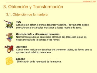 Tecnologías – 2º ESO 3. Obtención y Transformación Tala   Consiste en cortar el tronco del árbol y abatirlo. Previamente deben seleccionarse los árboles más altos y luego repoblar la zona. Descortezado y eliminación de ramas   Normalmente sólo se aprovecha el tronco del árbol, por lo que es necesario quitarle la corteza y las ramas. Aserrado   Consiste en realizar un despiece del tronco en tablas, de forma que se aproveche al máximo la madera. Secado     Eliminación de la humedad de la madera. 3.1. Obtención de la madera 