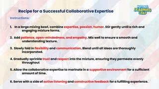 Recipe for a Successful Collaborative Expertise
Instructions:
1. In a large mixing bowl, combine expertise, passion, humor. Stir gently until a rich and
engaging mixture forms.
2. Add patience, open-mindedness, and empathy. Mix well to ensure a smooth and
understanding texture.
3. Slowly fold in flexibility and communication. Blend until all ideas are thoroughly
incorporated.
4. Gradually sprinkle trust and respect into the mixture, ensuring they permeate evenly
throughout
5. Allow the collaborative expertise to marinate in a supportive environment for a sufficient
amount of time.
6. Serve with a side of active listening and constructive feedback for a fulfilling experience.
 