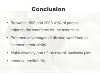 Conclusion
• Between 1998 and 2008 41% of people
entering the workforce will be minorities
• Embrace advantages of diverse workforce to
increase productivity
• Make diversity part of the overall business plan
• Increase profitability
 