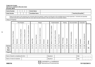 COMPUTER STUDIES
     INDIVIDUAL CANDIDATE RECORD CARD
     O LEVEL 2012
     Centre Number                                                                                                                                                          Centre Name

     Index Number                                                                                                                                                           Candidate Name                                                                                                                                                                                                                                      Teaching Group/Set

             Please use the space on the reverse for any comments about the project(s), marking, and help given to the candidate beyond normal supervision. Comments are especially
             important where the marks awarded differ from what might have been expected on the sole evidence of the submitted material.
     Title(s) of Project(s)

                                                         The Problem                                                                                                                                             Design                                                               Implementation                                                                        Testing                  Documentation                                       Evaluation




                                                                                                                                  Description of other possible solutions




                                                                                                                                                                                                                                                                             Method of solution related to problem
                                                                                                                                                                                                                   Description of method of solution
                                                             Description of existing solution


                                                                                                Evaluation of existing solution




                                                                                                                                                                                                                                                                                                                     Accurate method of solution
                   Description of the Problem
26




                                                                                                                                                                                                                                                                                                                                                                                                      Technical documentation




                                                                                                                                                                                                                                                                                                                                                                                                                                                                      System development
                                                                                                                                                                                                                                                                                                                                                   Programming Code
                                                                                                                                                                                             Systems Flowchart




                                                                                                                                                                                                                                                                                                                                                                      Test strategy


                                                                                                                                                                                                                                                                                                                                                                                      Test results
                                                                                                                                                                               Action Plan




                                                                                                                                                                                                                                                                                                                                                                                                                                     User guide
                                                Objectives




                                                                                                                                                                                                                                                                                                                                                                                                                                                         Evaluation
                                                                                                                                                                                                                                                       Hardware


                                                                                                                                                                                                                                                                  Software




                                                                                                                                                                                                                                                                                                                                                                                                                                                                                           TOTAL
     Section         1                          2              3                                  4                                  5                                         6              7                      8                                 9          10         11                                      12                            13                 14              15              16                            17                   18           19
       Max           2                          3              2                                  2                                  2                                         3              2                      3                                 3          3            2                                       3                            3                  3              4                2                             3                   3             2                   50
      Mark
     Page(s)


     Name of teacher completing this form                                                                                                                                                                                                                             Signature                                                                                                                                                                   Date

     Name of internal moderator                                                                                                                                                                                                                                       Signature                                                                                                                                                                   Date



     WMS706                                                                                                                                                                                                                                                                                                                                                                                                                                                  7017/02/CW/I/12
 