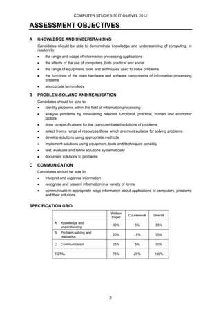 COMPUTER STUDIES 7017 O LEVEL 2012

ASSESSMENT OBJECTIVES
A   KNOWLEDGE AND UNDERSTANDING
    Candidates should be able to demonstrate knowledge and understanding of computing, in
    relation to:
    •   the range and scope of information processing applications
    •   the effects of the use of computers, both practical and social
    •   the range of equipment, tools and techniques used to solve problems
    •   the functions of the main hardware and software components of information processing
        systems
    •   appropriate terminology

B   PROBLEM-SOLVING AND REALISATION
    Candidates should be able to:
    •   identify problems within the field of information processing
    •   analyse problems by considering relevant functional, practical, human and economic
        factors
    •   draw up specifications for the computer-based solutions of problems
    •   select from a range of resources those which are most suitable for solving problems
    •   develop solutions using appropriate methods
    •   implement solutions using equipment, tools and techniques sensibly
    •   test, evaluate and refine solutions systematically
    •   document solutions to problems

C   COMMUNICATION
    Candidates should be able to:
    •   interpret and organise information
    •   recognise and present information in a variety of forms
    •   communicate in appropriate ways information about applications of computers, problems
        and their solutions

SPECIFICATION GRID
                                                 Written
                                                             Coursework   Overall
                                                 Paper
              A   Knowledge and
                                                    30%         5%         35%
                  understanding
              B   Problem-solving and
                                                    20%         15%        35%
                  realisation

              C   Communication                     25%         5%         30%

              TOTAL                                 75%         25%       100%




                                                2
 