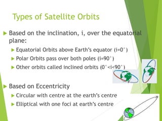 Types of Satellite Orbits
 Based on the inclination, i, over the equatorial
plane:
 Equatorial Orbits above Earth’s equa...