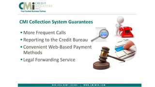 1
• More Frequent Calls
• Reporting to the Credit Bureau
• Convenient Web-Based Payment
Methods
• Legal Forwarding Service
CMI Collection System Guarantees
 