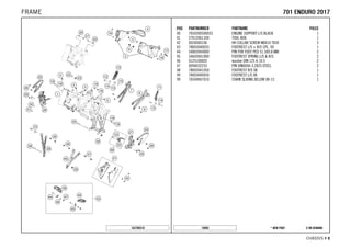 X ON DEMAND* NEW PART16992
CHASSIS # 88
POS PARTNUMBER PARTNAME PIECE
40 7650300500033 ENGINE SUPPORT L/S BLACK 1
41 27012061100 TOOL BOX 1
42 0024060106 HH COLLAR SCREW M6X10 TX30 3
43 78003040033 FOOTREST L/S + R/S CPL. 09 1
44 54803044000 PIN FOR FOOT PED 51.5X9.8 MM 2
45 54603041000 FOOTREST SPRING L/S & R/S 2
46 0125100003 washer DIN 125 A 10.5 2
47 0094032253 PIN DIN0094-3,2X25 STEEL 2
48 78003041050 FOOTREST R/S 08 1
49 78003040050 FOOTREST L/S 08 1
99 76504067010 CHAIN SLIDING BELOW 08-13 1
162700310
770011 EENNDDUURROO 22001177FRAME
 