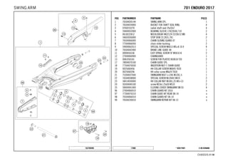 X ON DEMAND* NEW PART17000
CHASSIS # 1144
POS PARTNUMBER PARTNAME PIECE
1 76504030144 SWING ARM CPL. 1
2 76504034000 BUCKET FOR SHAFT SEAL RING 4
3 0760253270 radial shaft seal 25x32x7 4
4 59404032000 BEARING SLEEVE 17X22X38,7 03 2
5 0618222812 NEEDLEBEAR HK2212V 22/28/12 MB 4
6 54603036000 STOP DISK 22,2X31,7X1 2
7 76504066000 CHAIN SLIDING GUARD 07 1
8 77304066050 chain slider bushing 2
9 59009062013 SPECIAL SCREW M6X13 WS=8 10.9 4
10 76504042000 BRAKE LINE GUIDE 08 1
11 0009050106 EJOT SPIRAL SCREW SF M5X10-K 2
12 27004060000 CHAINGUARD 1
13 0081050181 SCREW FOR PLASTIC K50X18 T20 2
17 78004070100 CHAIN GUIDE CPL. 1
18 77304070030 INSERTION NUT F. CHAIN GUIDE 1
19 0025060456 HH COLLAR SCREW M6X45 TX30 1
20 0025060206 HH collar screw M6x20 TX30 1
21 75304037044 SWINGARM BOLT L=246 M12X1,5 1
22 76504038000 SPECIAL SCREW M12X40 SW19 2
23 58414030000 HH COLLAR NUT M10X1,25 WS=13 2
24 50304040100 screw M10x1.25x50 WS10 2
25 58404041000 CLOSING COVER SWINGARM SM 03 4
96 27004060010 CHAIN GUARD KIT 2016 x
97 77304070310 CHAIN GUIDE KIT REAR 08-14 x
98 76504066010 CHAIN GUARD KIT 08-14 x
99 76504230010 SWINGARM REPAIR KIT 08-13 x
162700490
770011 EENNDDUURROO 22001177SWING ARM
 