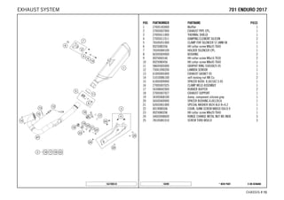 X ON DEMAND* NEW PART18499
CHASSIS # 1155
POS PARTNUMBER PARTNAME PIECE
1 27005183000 Muffler 1
2 27005007000 EXHAUST PIPE CPL. 1
3 27005011000 THERMAL SHIELD 1
4 27005011011 DAMPING ELEMENT SILICON 2
5 76505051000 CLAMP FOR SILENCER 57,4MM 08 1
6 0025080356 HH collar screw M8x35 TX40 1
7 76505084100 HOLDER SILENCER CPL. 1
8 60305069000 BUSHING 2
9 0025060166 HH collar screw M6x16 TX30 2
10 0025080456 HH collar screw M8x45 TX40 1
11 58605005000 GRAPHIT RING 55X50X25 05 1
12 75041090200 LAMBDA SENSOR 1
13 61005005000 EXHAUST GASKET 05 1
14 51010086100 self-locking nut M8 Cu 2
15 61005009000 SPACER BUSH. 8,5X15X7,5 05 1
16 27005007025 CLAMP WELD ASSEMBLY 1
17 54308042000 RUBBER BUFFER 2
18 27005007027 EXHAUST SUPPORT 1
19 54305068100 damp. component silicone grey 1
20 56505069000 SPACER BUSHING 8,4X12X16 1
21 62603061000 SPECIAL WASHER 8X24 ALU H=4,2 1
22 0019080506 COUN.-SUNK SCREW M8X50 ISA10.9 1
23 0025080206 HH collar screw M8x20 TX40 1
24 54603048600 RANGE CHANGE METAL NUT M5 INOX 3
25 78105081010 SCREW TORX M5X10 3
162700510
770011 EENNDDUURROO 22001177EXHAUST SYSTEM
 