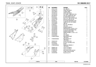 X ON DEMAND* NEW PART18546
CHASSIS # 1177
POS PARTNUMBER PARTNAME PIECE
1 27007113144 FUEL TANK CPL. 1
2 78105081010 SCREW TORX M5X10 3
3 76507108050 CLOSING FLANGE 1
4 78105081010 SCREW TORX M5X10 1
5 57013070100 PVC-CLAMP 7,9 MM HEYCO 3355 1
6 58207080100 GAS-LEVEL SENSOR ADV. 2006 1
7 0912050163 AH SCREW DIN0912-M 5X16 2
8 27007028000 RIGHT FUEL-TANK SUPPORT PLATE 1
9 27007027100 Retaining bracket tank left 1
10 0025080166 HH COLLAR SCREW M8X16 TX40 6
11 27007053000 CLAMP FOR SEAT LOCK LINKAGE 1
12 27007008000 TANK CAP 1
13 0738060181 BHCS ISO 7380 M6X18 2
14 76507050000 SEAT LOCK 1
15 76507060000 BEARING BUSHING UP 2
16 76507066000 RUBB.BEAR.BOX 12x24x35 L=24,5 2
17 0025080306S HH COLLAR SCREW M8X30 TX40 2
18 76507061000 BEARING BUSHING DOWN 1
19 76507065100 RUBBER BUSHING 11,7X24,7 L=26 2
20 27007040000 SEAT CPL. 1
21 27007040045 SEAT RUBBER 4
22 2700804100028A REAR SPOILER RIGHT
WITH DECAL
1
23 2700804000028A REAR SPOILER LEFT
WITH DECAL
1
24 76506010100 SPLASH PROTECTOR 1
25 0025060166 HH collar screw M6x16 TX30 2
26 72210079000 BUCKET 2
27 2700805400028A SPOILER SET ENDURO 17
WITH DECAL
1
28 69008021160 special screw M5x12 4
29 69008021060 special screw M5x17 4
30 47106003160 quick release rubber grommet 2
31 0770050030 O-RING 50,00X3,00 VITON 1
32 27007097000 Decalset seat 701 1
172700710
770011 EENNDDUURROO 22001177TANK, SEAT, COVER
 