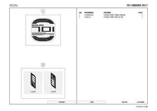 X ON DEMAND* NEW PART18550
CHASSIS # 2200
POS PARTNUMBER PARTNAME PIECE
1 27008098100 STICKER FRONT FENDER ENDURO 1
2 52000137 STICKER FRONT FORK-SET WP 1
162700830
770011 EENNDDUURROO 22001177DECAL
 