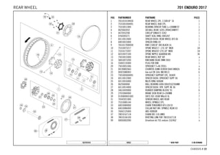 X ON DEMAND* NEW PART18552
CHASSIS # 2222
POS PARTNUMBER PARTNAME PIECE
1 7651010104430 REAR WHEEL CPL. 2,50X18'' 16 1
2 7531001004491 REAR WHEEL HUB CPL. 1
3 75310011000 BEARING SPACER TUBE L=106MM 07 1
4 0625062052 GR.BALL BEAR. 6205-2RSHC3HMTF7 2
5 0472052200 CIRCLIP DIN0472-52X2 1
6 0760305271 SHAFT SEAL RING 30X52X7 1
7 60110013000 SPACER BUSH. REAR WHEEL R/S 06 1
8 60010015000 SPACER RING 03 1
9 7651017000030 RIM 2,50X18'' DID BLACK 16 1
10 75310073217 SPOKE M5X217 -17G 18'' INOX 18
11 75310173207 SPOKE M5X207-27G 18'' INOX 18
12 60310072100 SPOKE NIPPLE QUADRAX M5 36
13 75010015000 REAR WHEEL REP. KIT x
15 58410073200 RIM BAND REAR 2MM 2003 1
16 55003135000 PLUG FOR RIM 1
20 75010051046 SPROCKET T=46 STEEL x
21 0019080266S COUNTER-SUNK SCREW ISA45 M8X26 6
22 06923080003 hex nut EN 1661 M8 WS13 6
23 7501005004491 SPROCKET SUPPORT CPL. SILVER 1
24 60110012000 SPACER BUSH. SPROCKET SUPP. 06 1
25 60110016000 NILOS RING 6006AV 1
26 0625060060 BALL BEARING 6006 DDU2CG23S6NM 2
27 60110014000 SPACER BUSH. SPR. SUPP. IN. 06 1
28 54610459000 RUBBER DAMPING BLOCK '91 6
29 27010060000 BRAKE DISK REAR D=240MM 1
30 014580060166S SHCS ISO 14580 M6x16 SL 7
31 76542021000 SENSOR WHEEL ABS REAR 1
32 75310085144 WHEEL SPINDLE CPL. 1
33 60010084000 CHAIN TENSIONER R/S LC8 03 1
34 60010086000 COLLAR NUT WH. SPINDLE REAR 03 1
35 76042125000 ABS-SENSOR 1
37 78010167118 CHAIN DID 118 LINKS 1
38 78010166100 RIVETING LINK FOR 78010167118 1
99 00050002090 Drivetrain kit 701 enduro 15Z/46Z x
162701010
770011 EENNDDUURROO 22001177REAR WHEEL
 