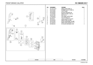 X ON DEMAND* NEW PART14847
CHASSIS # 2277
POS PARTNUMBER PARTNAME PIECE
1 6011301510101 BRAKE CALIPER FRONT L/S 1
3 60013018000 RETAINING PLATE SET FRONT 03 1
4 54613218000 CUP SET SHORT 1
6 60013020000 BLEEDER SCREW WITH CAP 1
7 27013030000 BRAKE PAD FRONT TT2802 GG 1
9 60013017000 BOLT SET L/S 1
12 27042006000 HOSE BRAKE CALIPER FRONT 1
14 62113020100 banjo bolt M10x1x19.5 1
15 0603100141 sealing ring DIN 7603 10x14x1 2
16 60013083000 BRAKE PISTONS 30/32MM 1
17 60013019000 REP.KIT SEALING RINGS 30/32MM 1
19 60113049100 BRAKE CALIPER SUPPORT FR. L/S 1
21 0025080356S HH COLLAR SCREW M8X35 TX40 2
147651360
770011 EENNDDUURROO 22001177FRONT BRAKE CALIPER
 