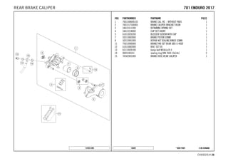 X ON DEMAND* NEW PART14849
CHASSIS # 2288
POS PARTNUMBER PARTNAME PIECE
1 7601308000101 BRAKE CAL. RE. - WITHOUT PADS 1
2 7601317500001 BRAKE CALIPER BRACKET REAR 1
3 54613311200 RETAINING SPRING SET 1
4 54613218000 CUP SET SHORT 1
5 61013020200 BLEEDER SCREW WITH CAP 1
7 50313083000 BRAKE PISTON 32MM 1
8 50313081000 REPAIR KIT SEALING RINGS 32MM 1
11 75013090000 BRAKE PAD SET REAR SBS-S-40GF 1
12 61013082000 BOLT SET 05 1
13 62113020100 banjo bolt M10x1x19.5 1
14 0603100141 sealing ring DIN 7603 10x14x1 2
15 76542001000 BRAKE HOSE REAR CALIPER 1
147651390
770011 EENNDDUURROO 22001177REAR BRAKE CALIPER
 