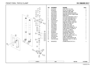 X ON DEMAND* NEW PART18542
CHASSIS # 44
POS PARTNUMBER PARTNAME PIECE
1 24157P1001 FRONT FORK FE 701 2016 1
2 0025080256 HH collar screw M8x25 TX40 8
3 77201038000 HANDLEBAR CLAMP 28MM 2
4 0032100356S AH-COLLAR SCREW M10X35 ISA45 2
5 79001039136 HANDLEBAR SUPPORT D28MM-H36MM 2
6 83001040000 RUBBER BUSH 4
7 54801036000 STEER.HEAD SCREW M20X1,5 WS=27 1
8 0015080256S HH COLLAR SCREW M8X25 WS=10 1
9 0025080406 HH COLLAR SCREW M8X40 TX40 8
10 2700103422330 UP. TRIPLE-CLAMP 22-24 OFFSET 1
11 79001037034 HANDLEBAR SUPPORT LOWER PART 2
12 0770025035 O-RING 25X3,55 NBR70 05 1
13 78101086000 STEERING HEAD COVER 1
14 54601184000 STEARING HEAD GASKET TOP 1
15 54201081100 TAPERED ROLLER BEARING CPL. 06 2
16 77701084000 O-RING SUPPORT W. SEALING LIP 1
17 76501033000 FORK TUBE L=237MM 08 1
18 0933080253 HH SCREW DIN0933-M 8X25 2
19 0934080003 HEXAGON NUT DIN0934-M 8 2
20 2700103112330 BOTTOM TRIPLE CLAMP 22-24 1
21 54801036100 STE.HEAD SCR. M20X1,5 WS=27 SL 1
22 2500108510028 CLAMP FOR BRAKEHOSE 1
23 0017060206 SCREW F. PLASTIC K60X20AL SW6 2
98 2500109410028C FROK PROTECTION SET 701 END 16
WITH DECAL
1
99 00050000930 STEARING HEAD REP. KIT 06-15 x
172700110
770011 EENNDDUURROO 22001177FRONT FORK, TRIPLE CLAMP
 