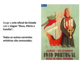 Surge a arte oficial do Estado
sob o slogan “Deus, Pátria e
Família”;
Todas as outras correntes
artísticas são censuradas;
192
 